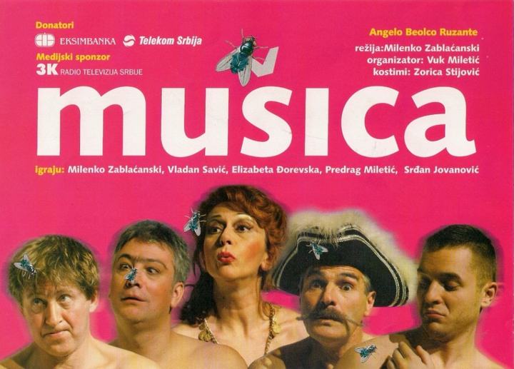 Plakat „Mušice”, 2004. — igraju M. Zablaćanski, V. Savić, E. Đorevska, P. Miletić, S. Jovanović